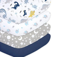 4-pack extra-soft microfiber crib sheets for babies: dinosaur print; starry gray; navy solid; 52x28 inches.