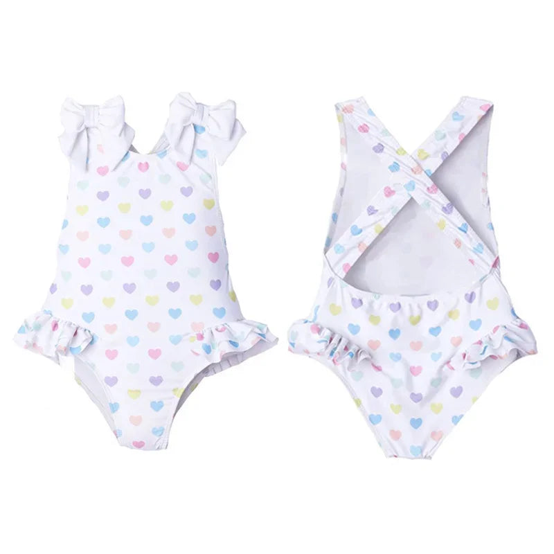 Colorful 'Little Hearts' Ruffled One Piece Girls Summer Swimsuit, perfect for ages 1 to 6 years.