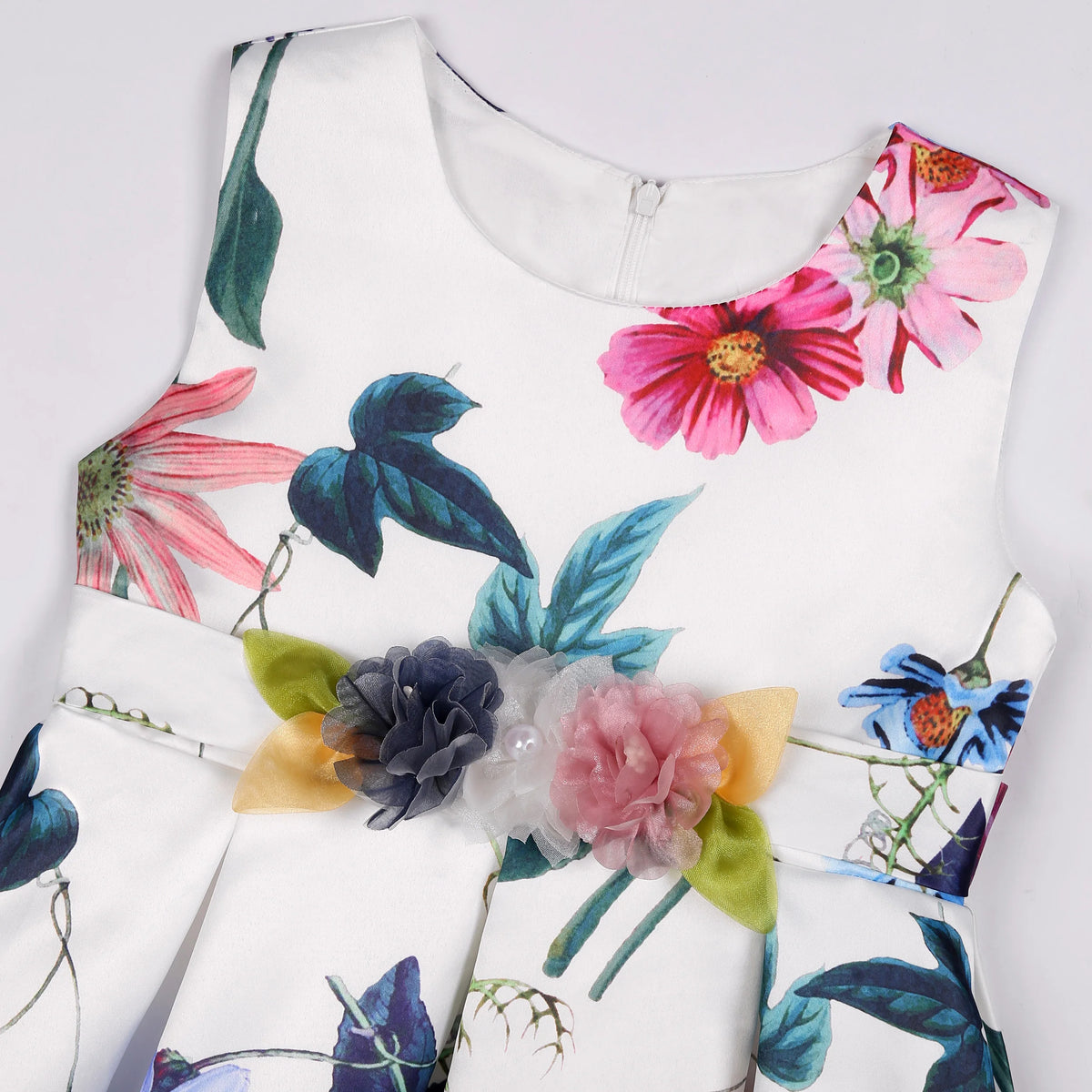 Little Girls Tropical Garden Party Dress with six-color floral print and fabric flower belt.