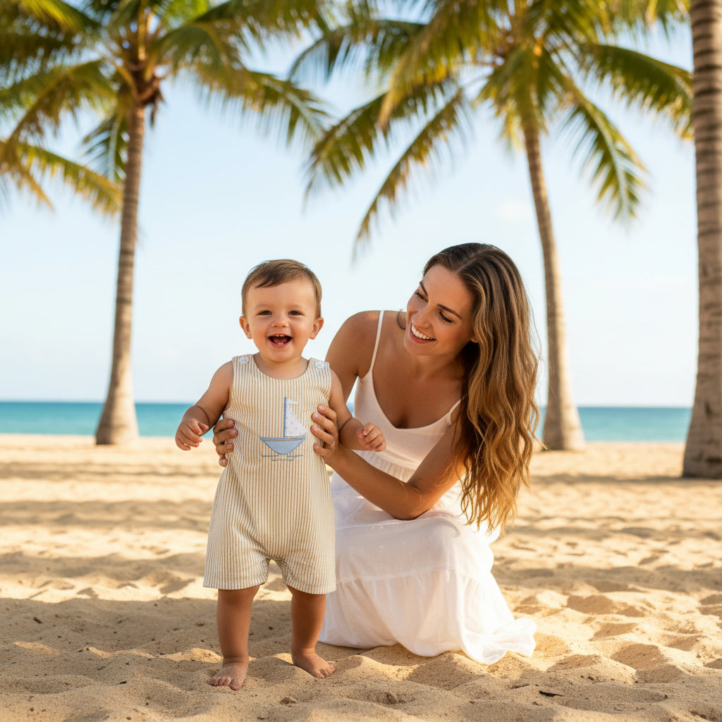 Summer Daze romper: yellow and white striped, sailboat applique for babies and toddlers.