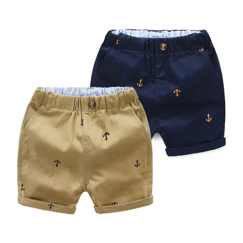 Anchor-Embroidered Casual Shorts for Boys - 2 Colors showcasing khaki and navy options, designed for comfort and style.