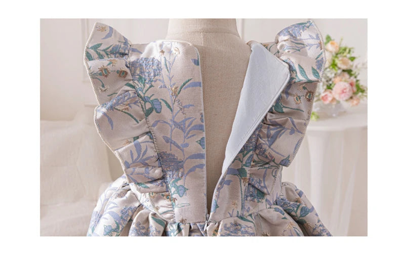 Jacquard Pamela Princess Puff Flowers Dress — 2 Designs; pink/green florals, puff sleeves, back bow, zip, knee-length.