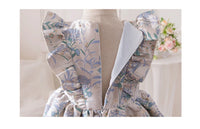 Jacquard Pamela Princess Puff Flowers Dress — 2 Designs; pink/green florals, puff sleeves, back bow, zip, knee-length.