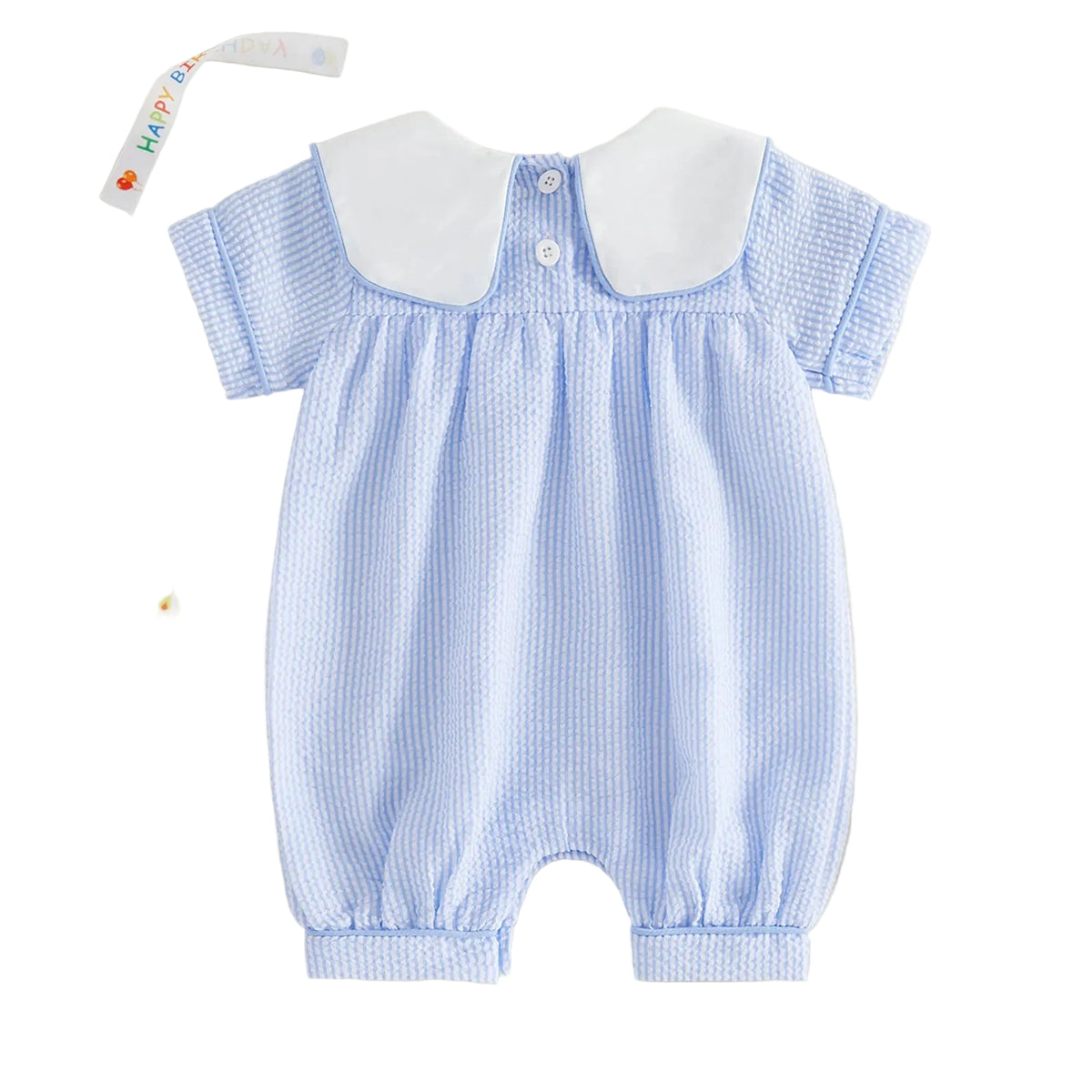 Blue checkered baby romper with white collar on a beige background