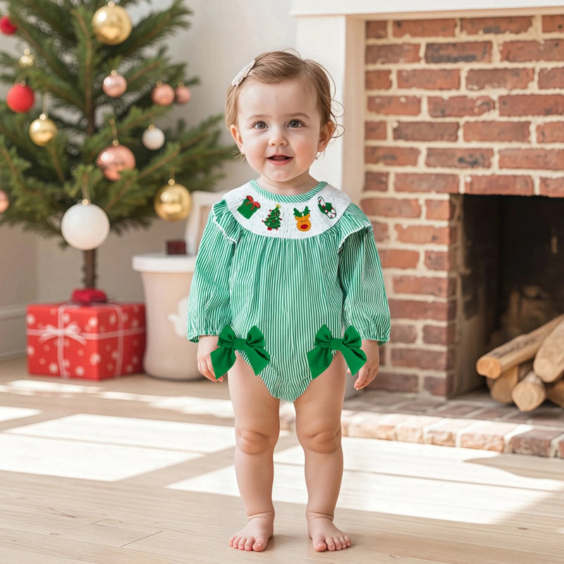Bows and Stripes Smocked Christmas Bubble - 2 Holiday Colors