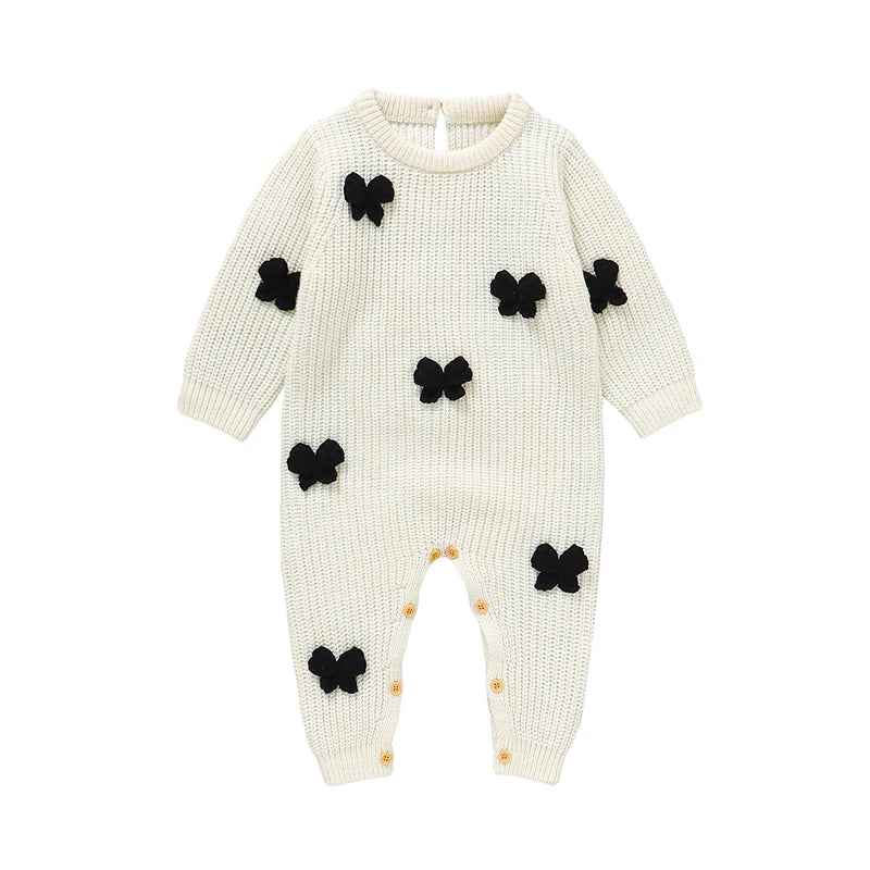 "Bow Baby" Long Sleeve Knitted Baby Romper - 3 Colors
