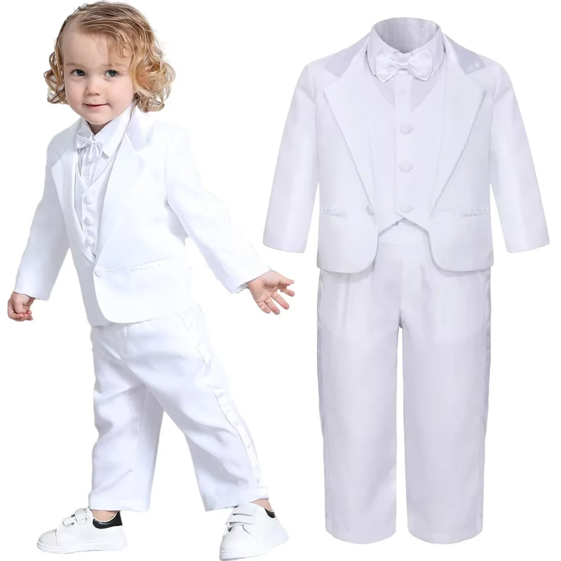 Hudson Boys' Tuxedo Set in white, featuring a stylish long-sleeved shirt, jacket, vest, bow tie, and pants for dapper little gentlemen.
