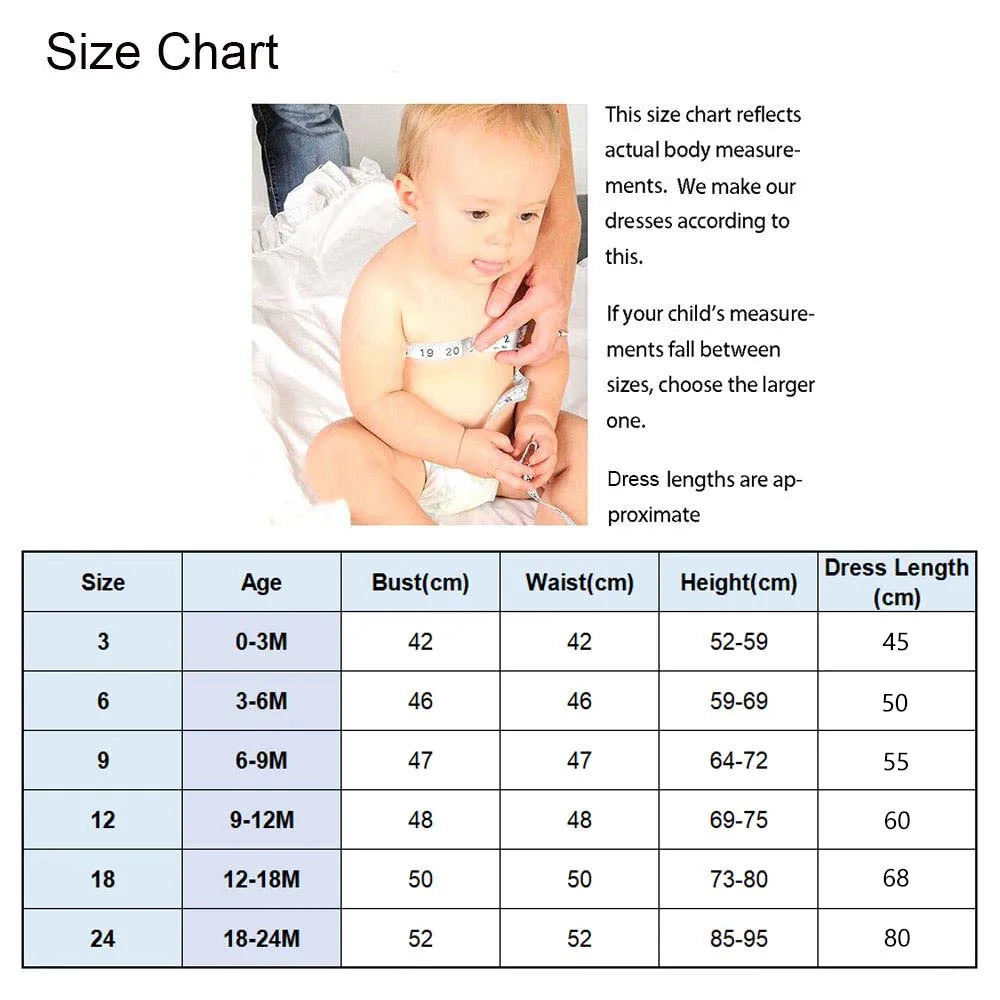 Infant size chart for Aislinn lace occasion dress, showing measurements for bust, waist, height, and length in cm by age.