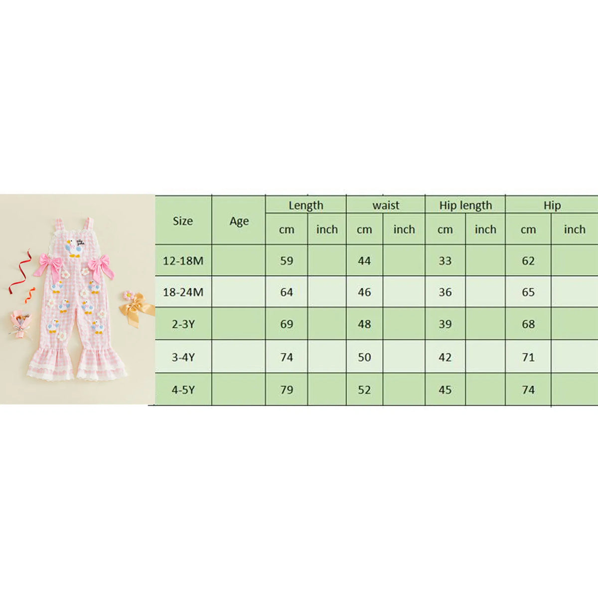 Size chart for children's clothing with measurements in centimeters and inches on a green background.