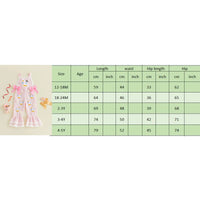 Size chart for children's clothing with measurements in centimeters and inches on a green background.