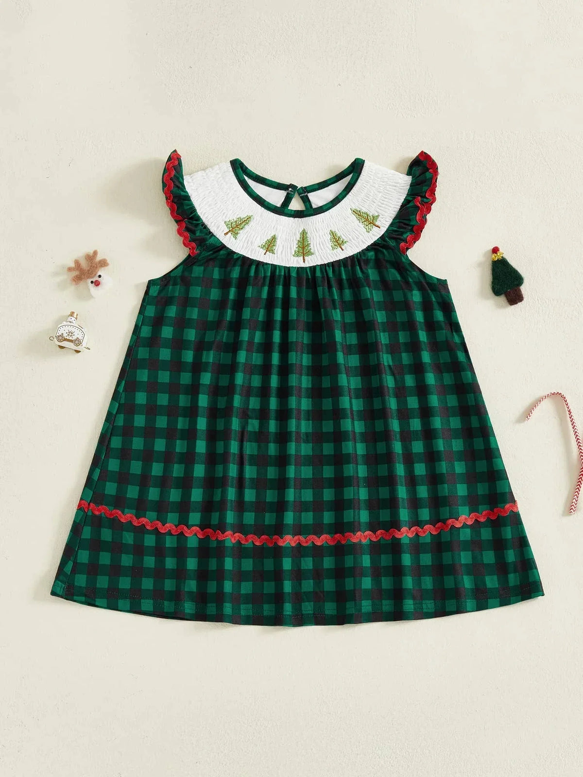Festive Fir Tree Smocked Flutter Dress - Spruce Green Plaid - The Palm Beach Baby