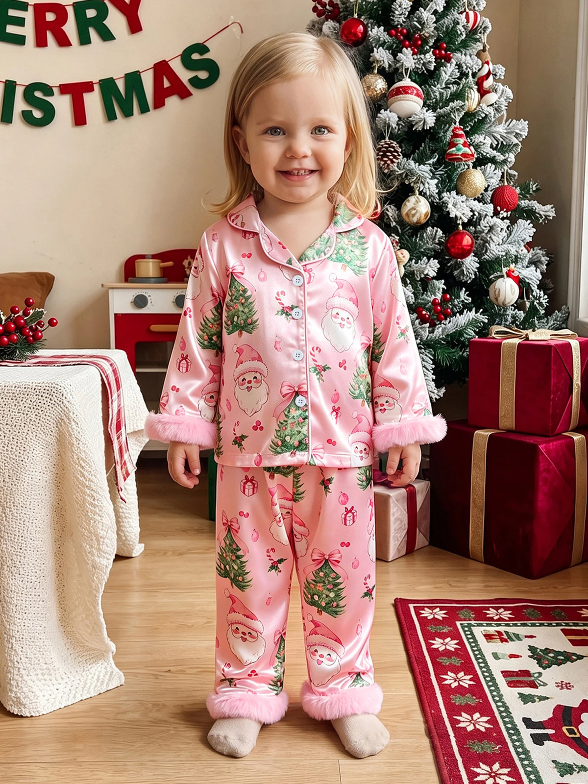 Pink satin Christmas pajama set for girls featuring Santa, trees, and bows with fuzzy cuff accents. Perfect holiday loungewear.