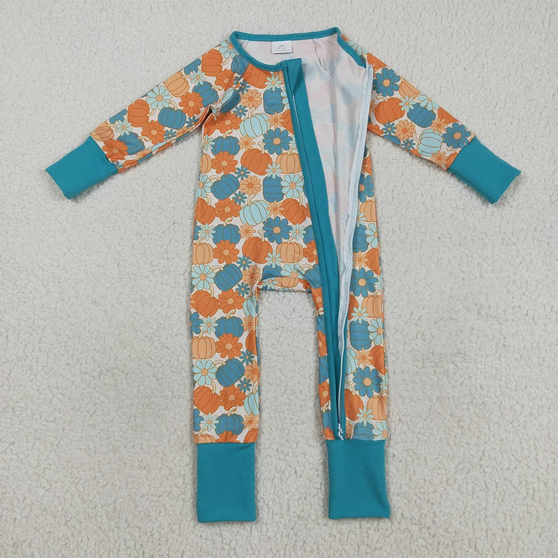 Pumpkins & Flowers Colorful Zippered Romper - Teal shown open from front view, highlighting the colorful pumpkin and flower pattern.