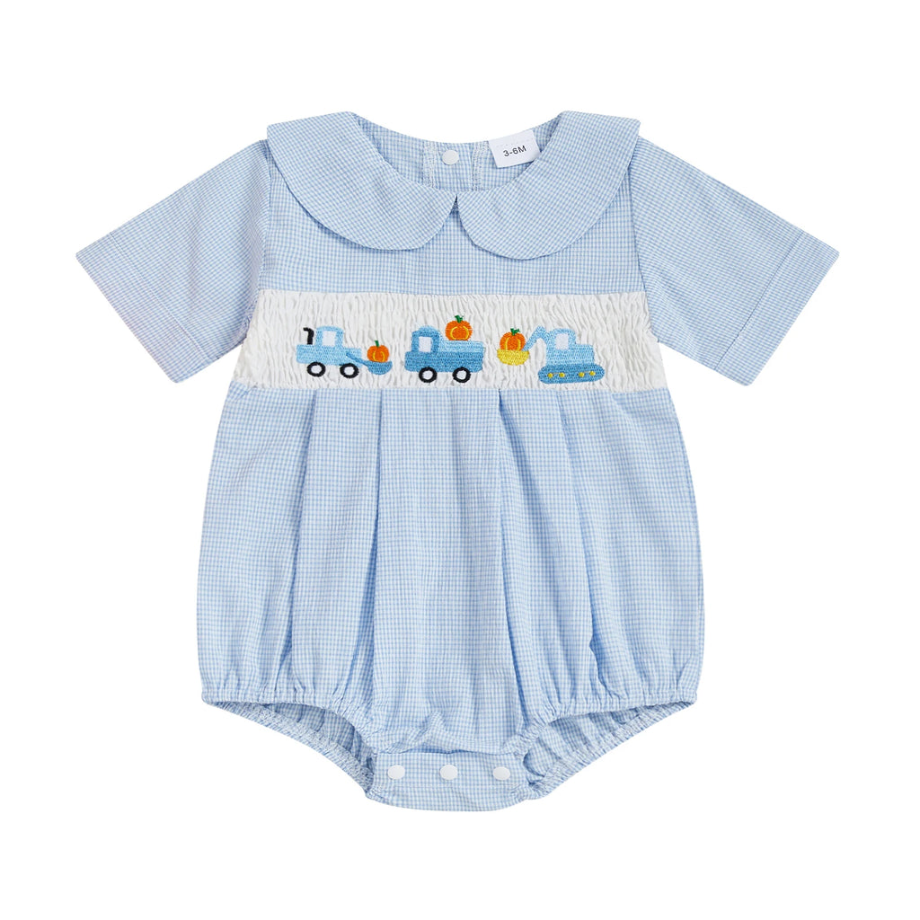 Adorable 'Truckin' Pumpkins' Checked Baby Bubble featuring embroidered pumpkins and trucks, perfect for infants 0-18 months for Halloween and fall festivities.