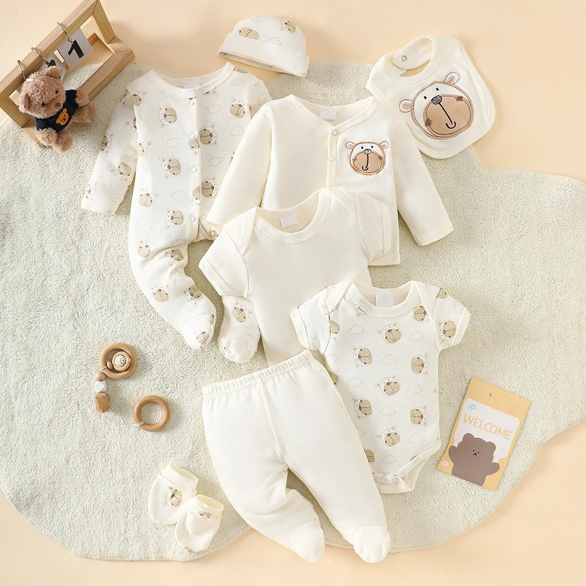 Little Bear Beige 8-piece newborn romper set in 100% cotton with bear-themed sleep and play outfits