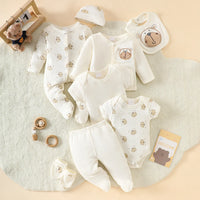 Little Bear Beige 8-piece newborn romper set in 100% cotton with bear-themed sleep and play outfits