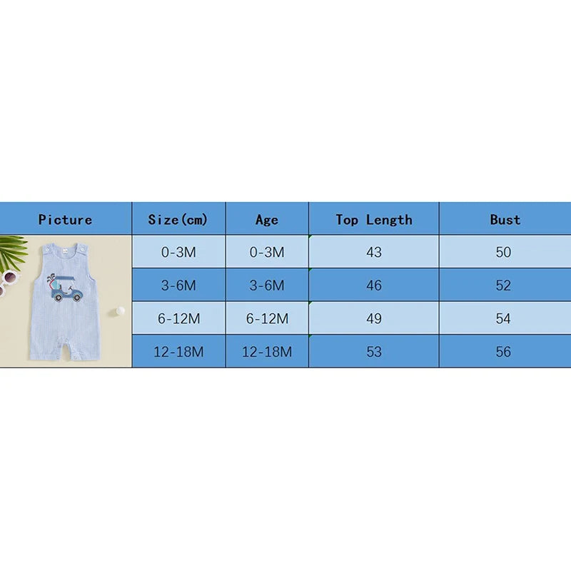 Size chart for Hitting the Links, Baby! Boys Golf Cart Romper - Blue Stripe Seersucker, detailing measurements for various ages.