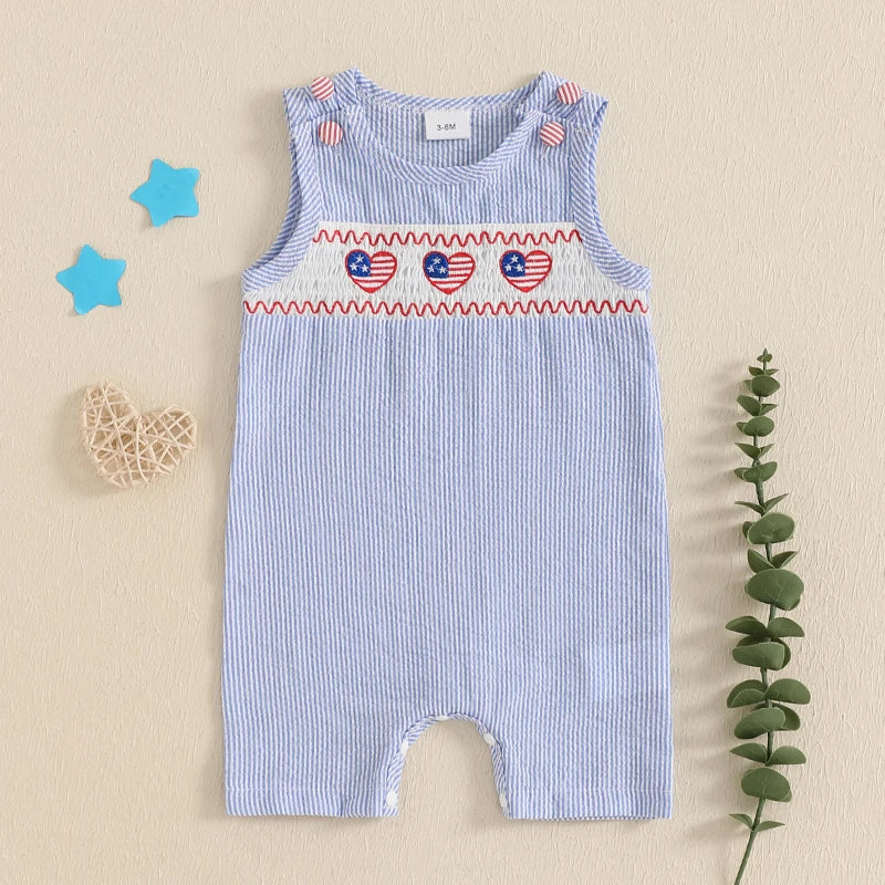 Front view of the 'Patriotic Cutie' Striped Sleeveless Baby Romper featuring heart-shaped flag embroidery, perfect for summer events.