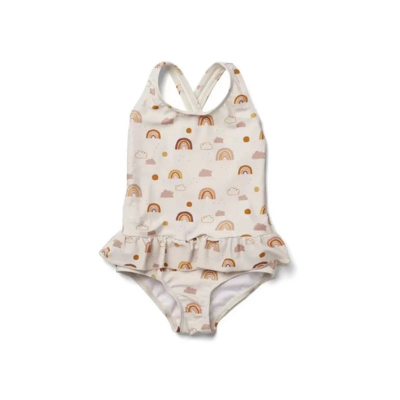 Frilly prints sun-protective girls' one-piece swimsuit with rainbow clouds, crisscross back, quick-drying polyester.