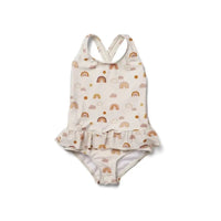 Frilly prints sun-protective girls' one-piece swimsuit with rainbow clouds, crisscross back, quick-drying polyester.
