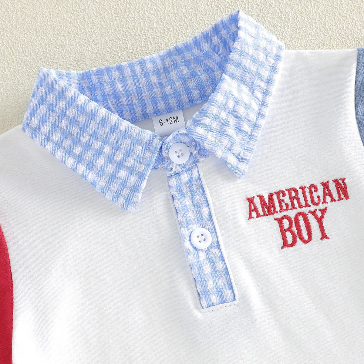 American Boy patriotic polo shirt with light blue gingham collar and red AMERICAN BOY embroidery.