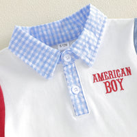 American Boy patriotic polo shirt with light blue gingham collar and red AMERICAN BOY embroidery.