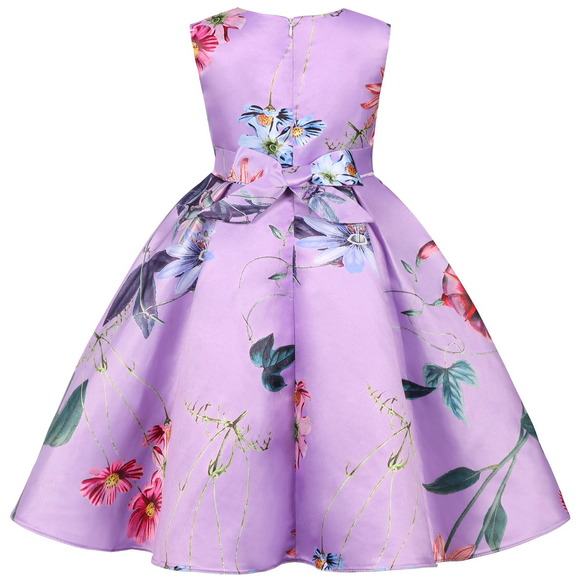 Little Girls Tropical Garden Party Dress in six colors with floral print, bow at waist, sleeveless, full skirt.