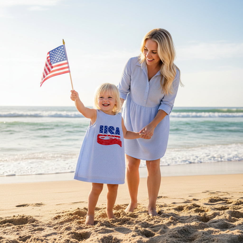Little Girls Summer Dress in Patriotic Seersucker Style - The Palm Beach Baby Estimated 12 - 20 Day Shipping