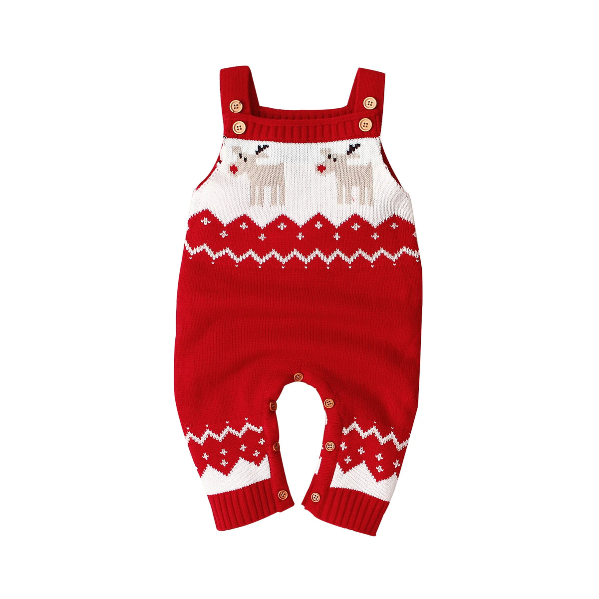 A cozy winter knit romper for children with joyful designs, showcased with a festive hat, perfect for winter celebrations, from the 'Winter Sweeties' collection.