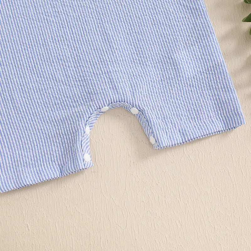 Bottom view of the 'Patriotic Cutie' Striped Sleeveless Baby Romper, showing the snap closures for easy diaper changes.