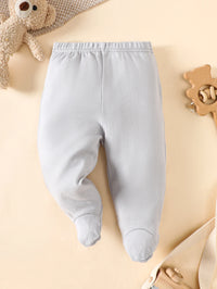 Soft gray baby pants, 0-9 months, 100% cotton, part of an 8-piece layette set, pictured with a teddy bear.