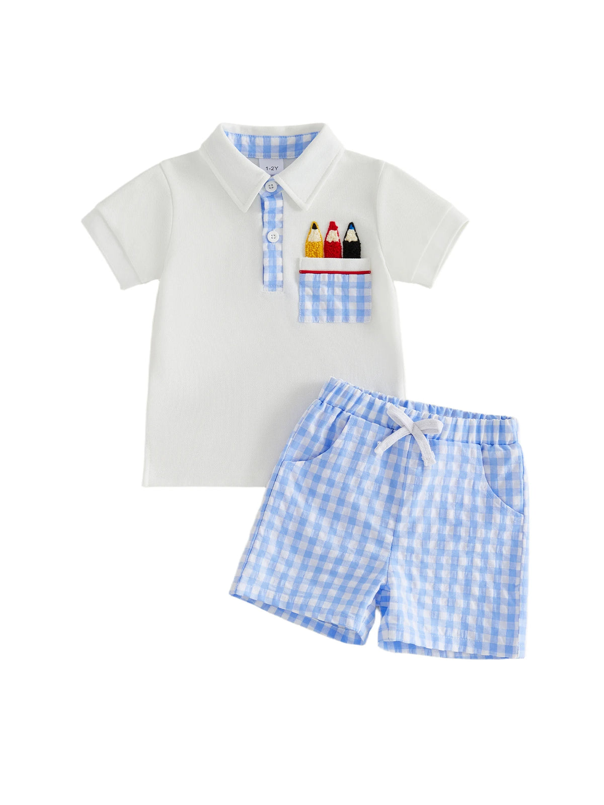 Boys two-piece set: white polo with embroidered pencils and blue checked shorts.