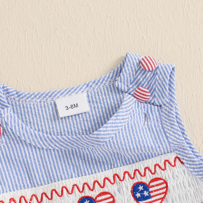 Detailed view of the neckline of the 'Patriotic Cutie' Striped Sleeveless Baby Romper, emphasizing its stylish and practical design.