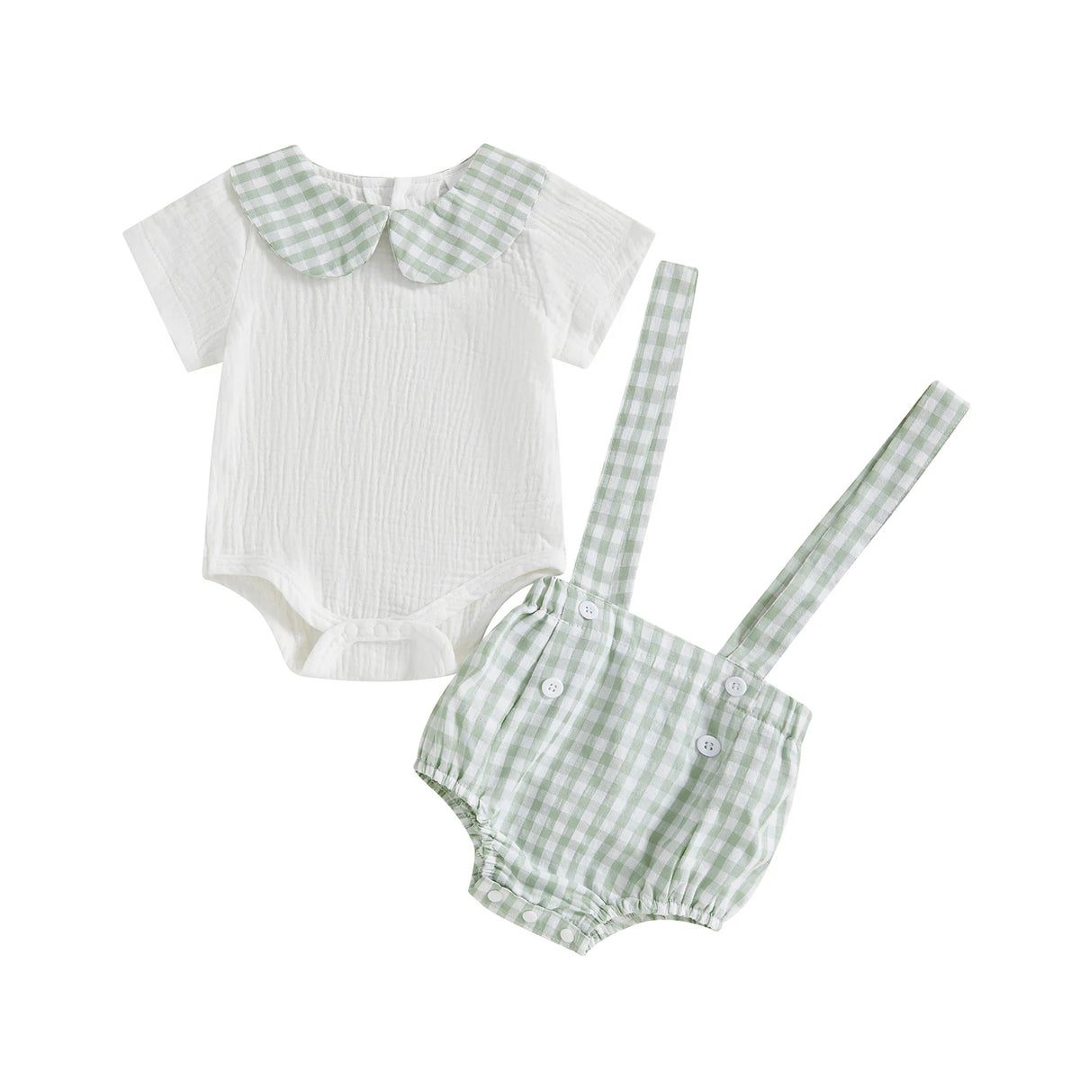 Carlton Check Romper And Shorts outfit for boys; white romper with mint gingham collar and matching suspenders shorts.