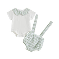 Carlton Check Romper And Shorts outfit for boys; white romper with mint gingham collar and matching suspenders shorts.
