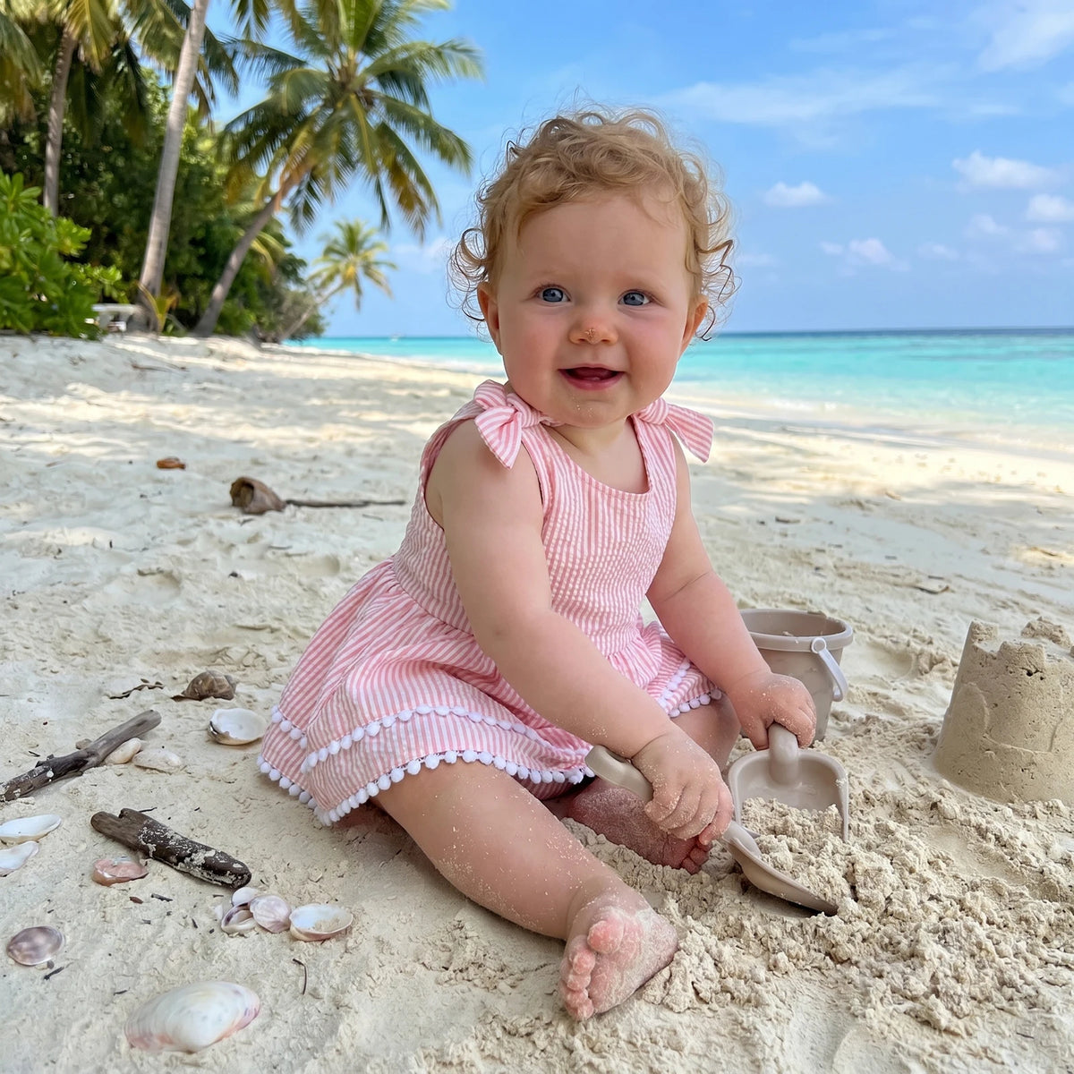 Baby girl on the beach in pink Palm Beach Pink seersucker stripe frilly romper swimsuit with bow shoulders and tassels.