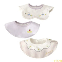 Three-piece waterproof baby bibs set with cotton embroidery and snap closures, pastel design sets.