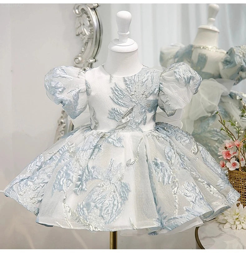 Claire Party Dress Brocade With Puff Sleeves For Girls - The Palm Beach Baby Estimated 12 - 20 Day Shipping