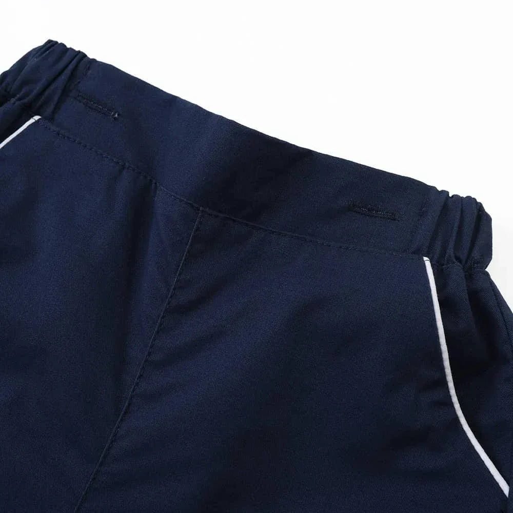 close-up of navy blue toddler pants with white trim in nautical toddler outfit for toddlers