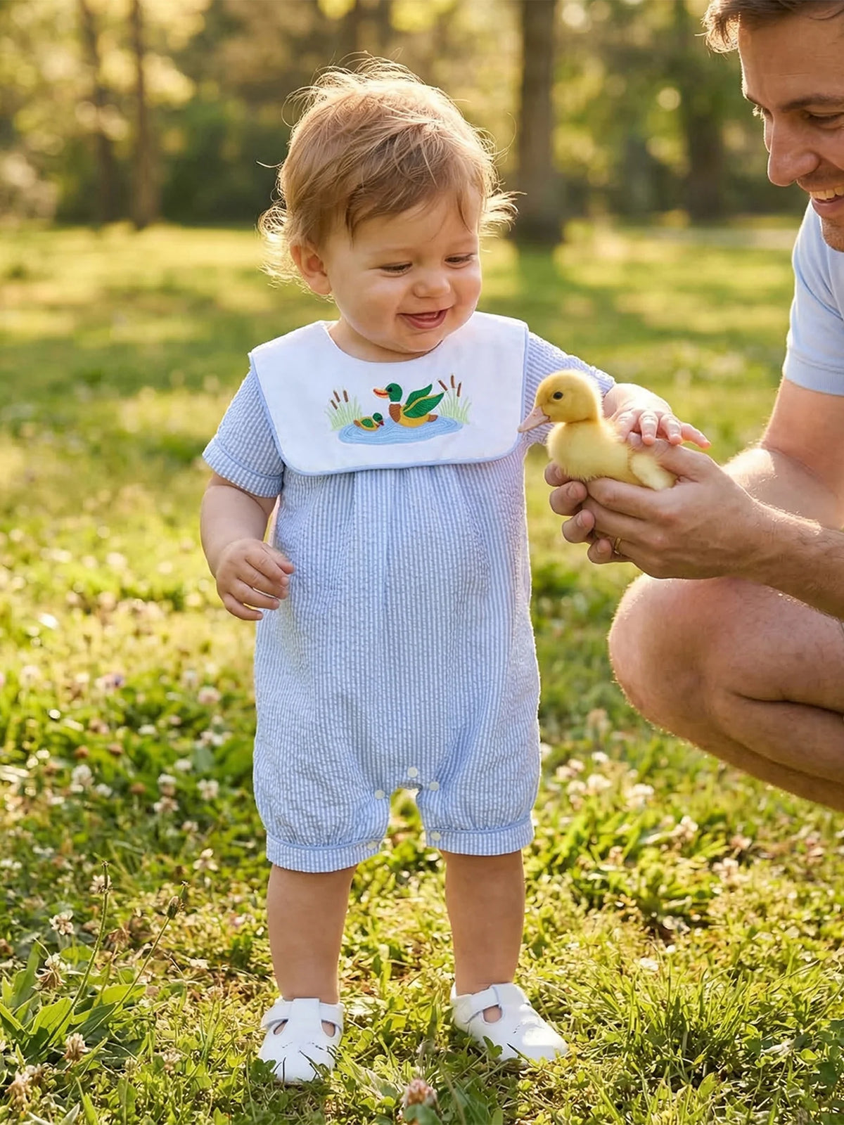 Little Ducky Boys Bibbed Seersucker Romper - Two Adorable Colors - The Palm Beach Baby Estimated 10 - 18 Day Shipping