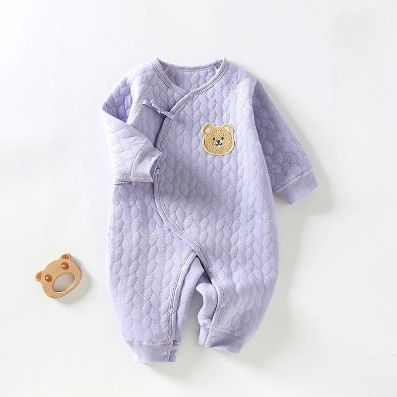 Mr. Bear Cozy Warm Quilted Baby Romper in soft purple with bear appliqué, perfect for infants.