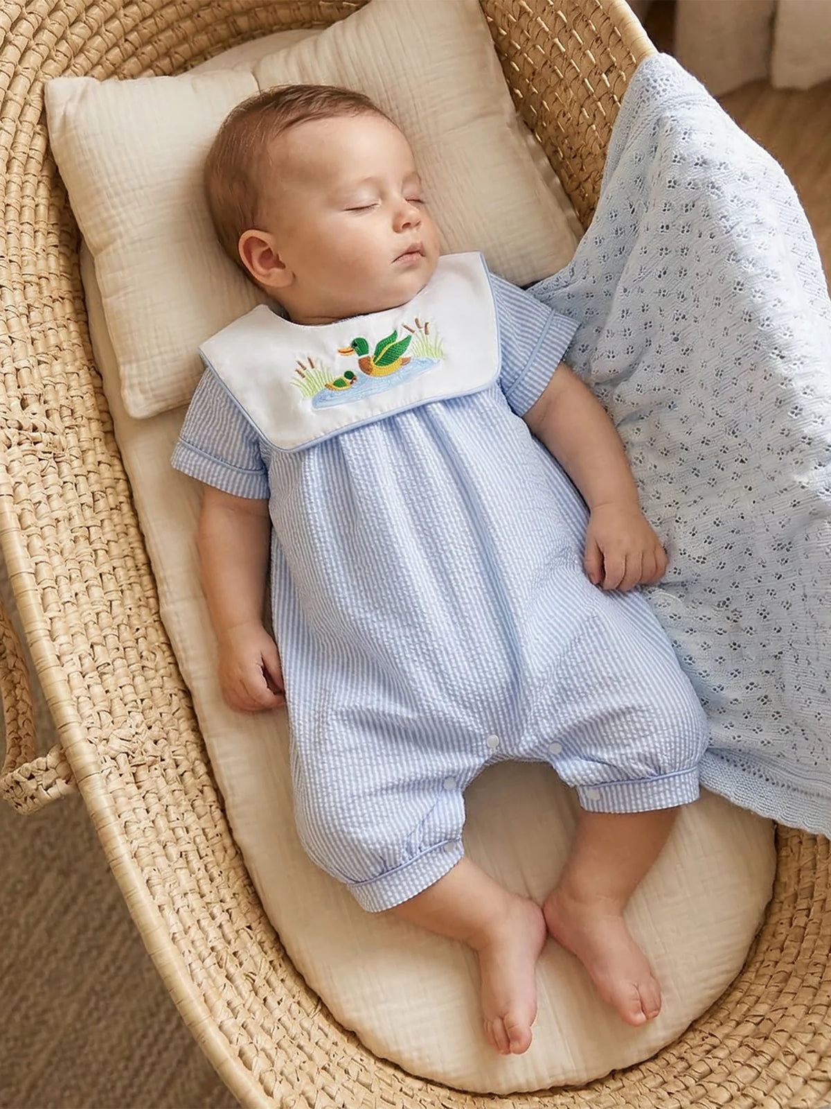 Little Ducky Boys Bibbed Seersucker Romper - Two Adorable Colors - The Palm Beach Baby Estimated 10 - 18 Day Shipping