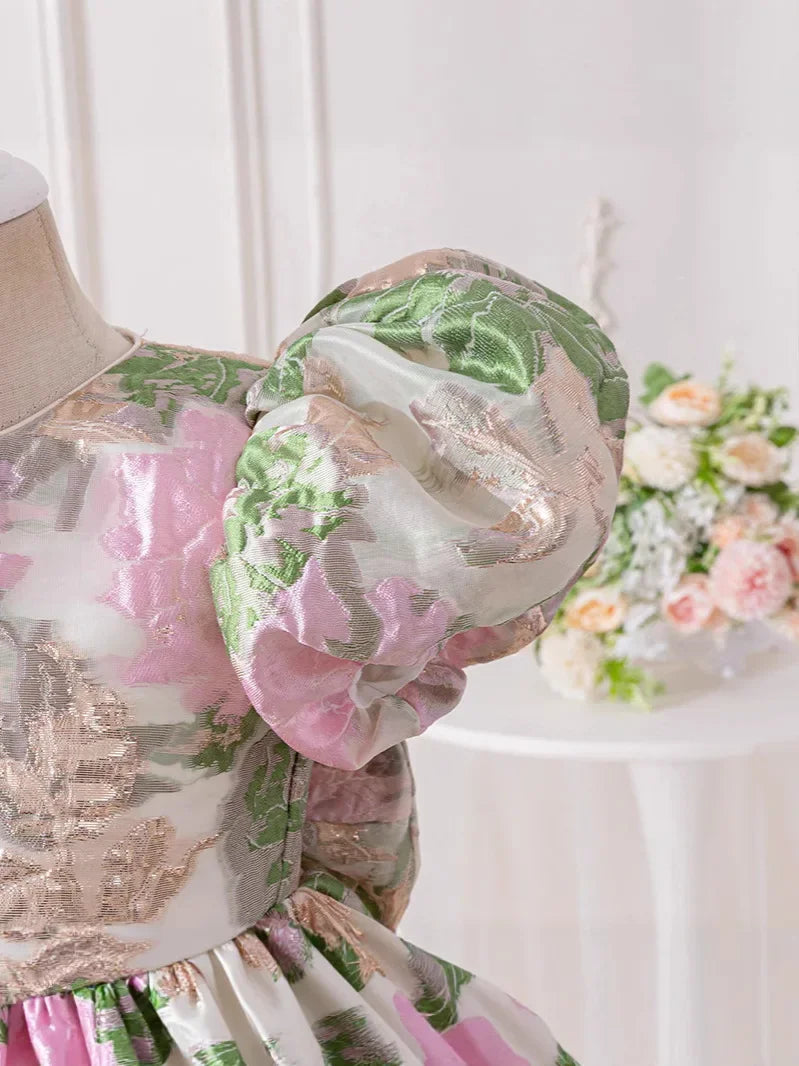 Jacquard Pamela Princess Puff Flowers Dress with pink and green floral jacquard and puff sleeve