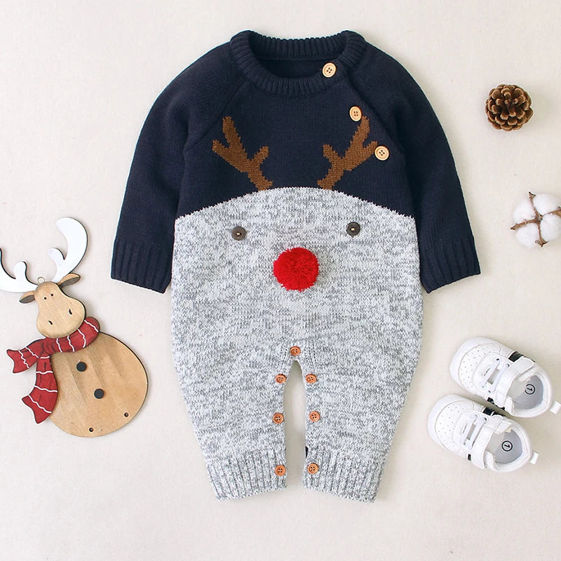 "Jingle Bell Reindeer" Christmas Baby Knit Romper