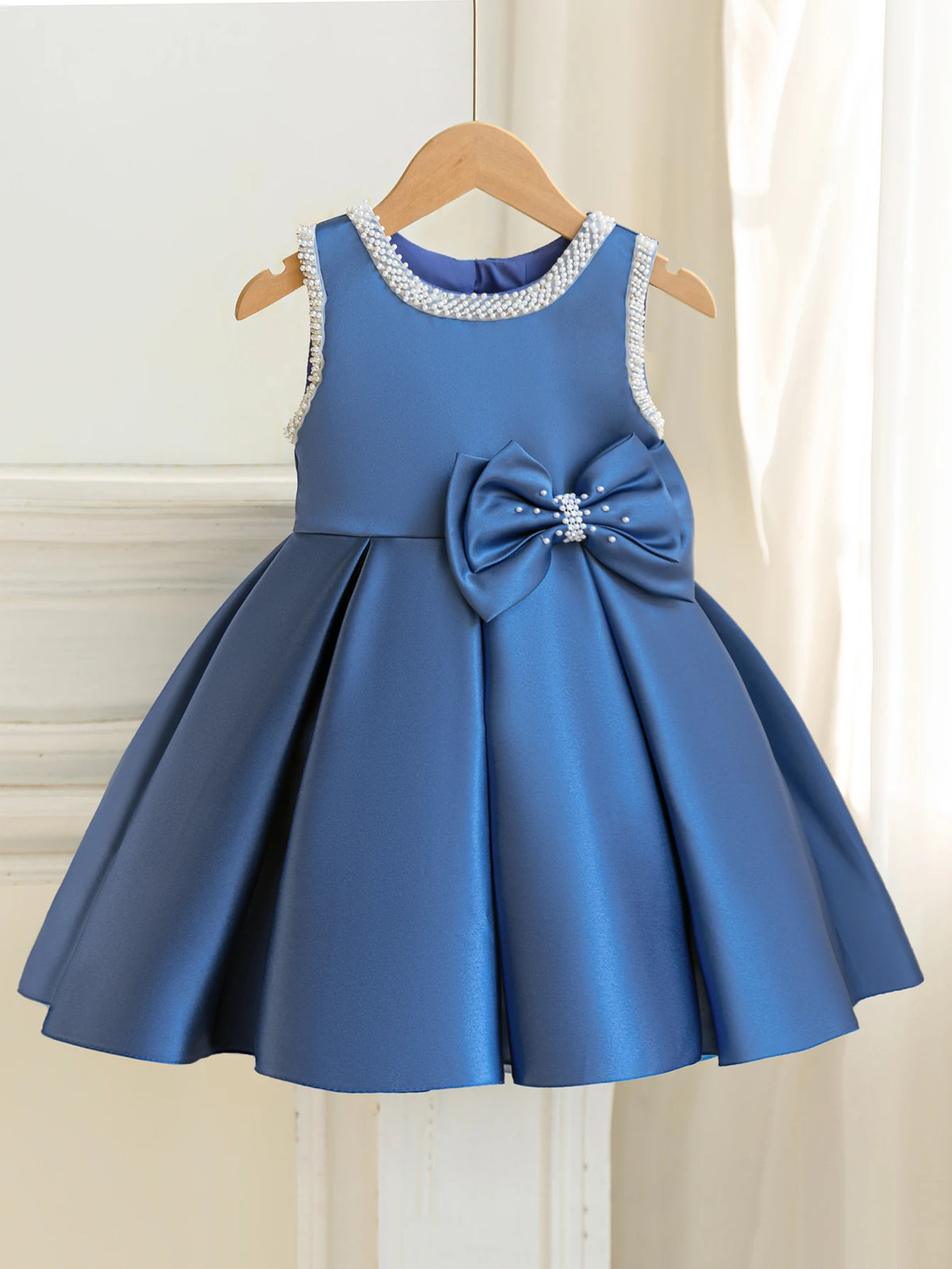Taylor elegant beaded formal party dress for girls 2-7 in blue with beaded neckline and beaded bow accent