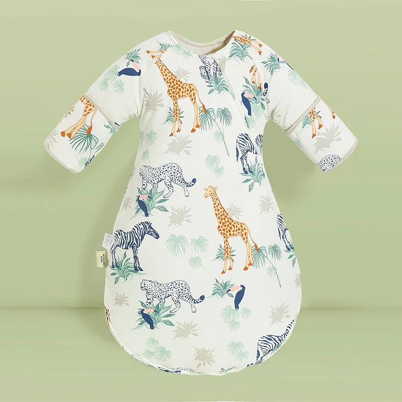 Soft Zippered Anti-Kick Toddler Sleep Sack featuring a playful animal print with giraffes and zebras, perfect for cozy sleep.