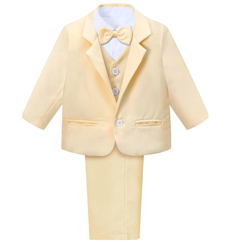 Charming yellow Hudson Boys' Tuxedo Set with jacket, vest, and bow tie, perfect for weddings or festive gatherings.