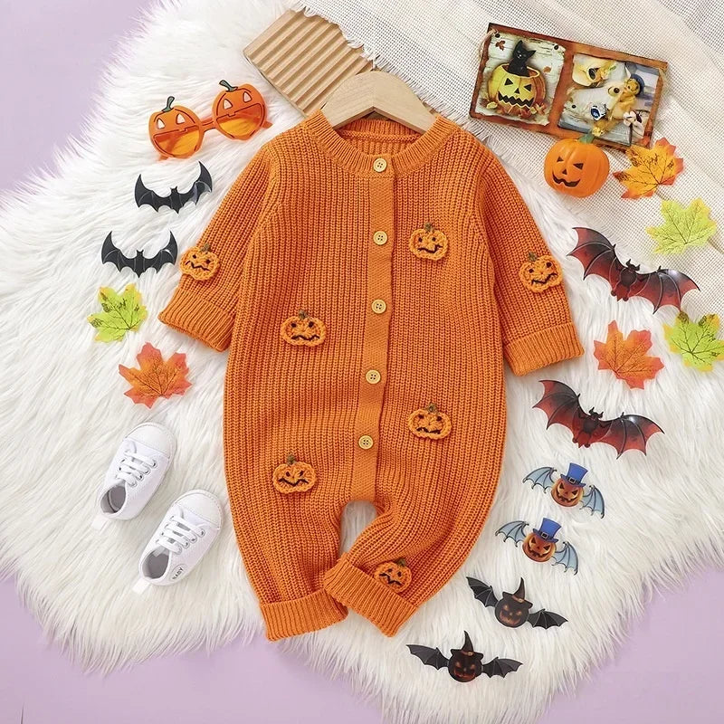 Fall Baby Cozy Knitted Romper - 3D Pumpkins
