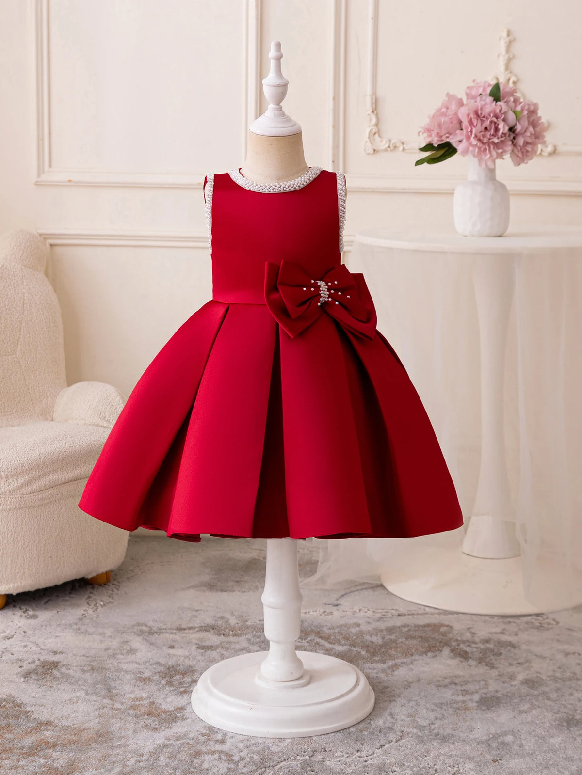 Taylor Elegant Beaded Formal Party Dress in red for girls 2–7, knee-length with beaded neckline and bow; pleated flare.