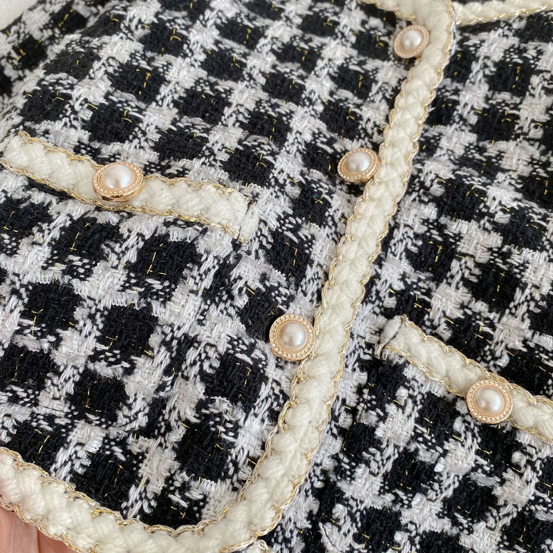 Chic Two-Piece Tweed Shorts and Coat Set - Black and White